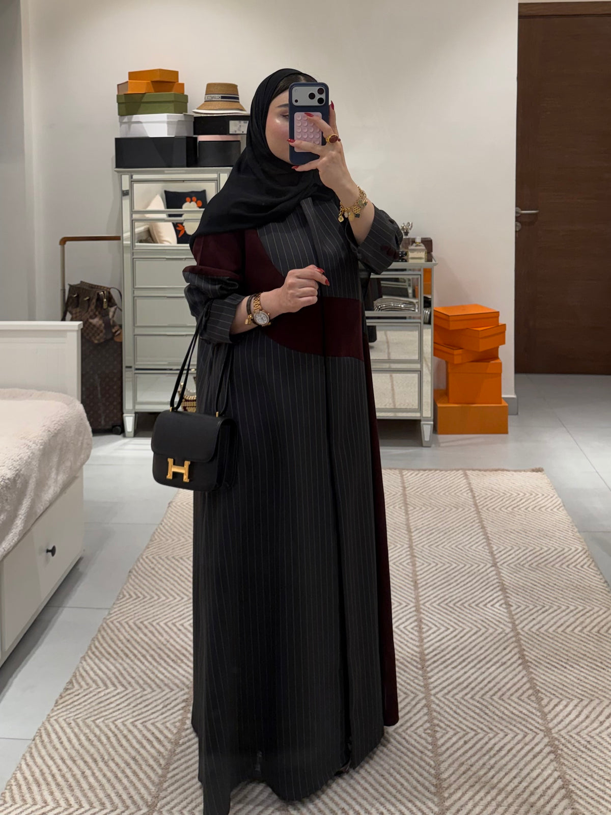 Black Crepe Abaya with Burgundy Trim – 2072