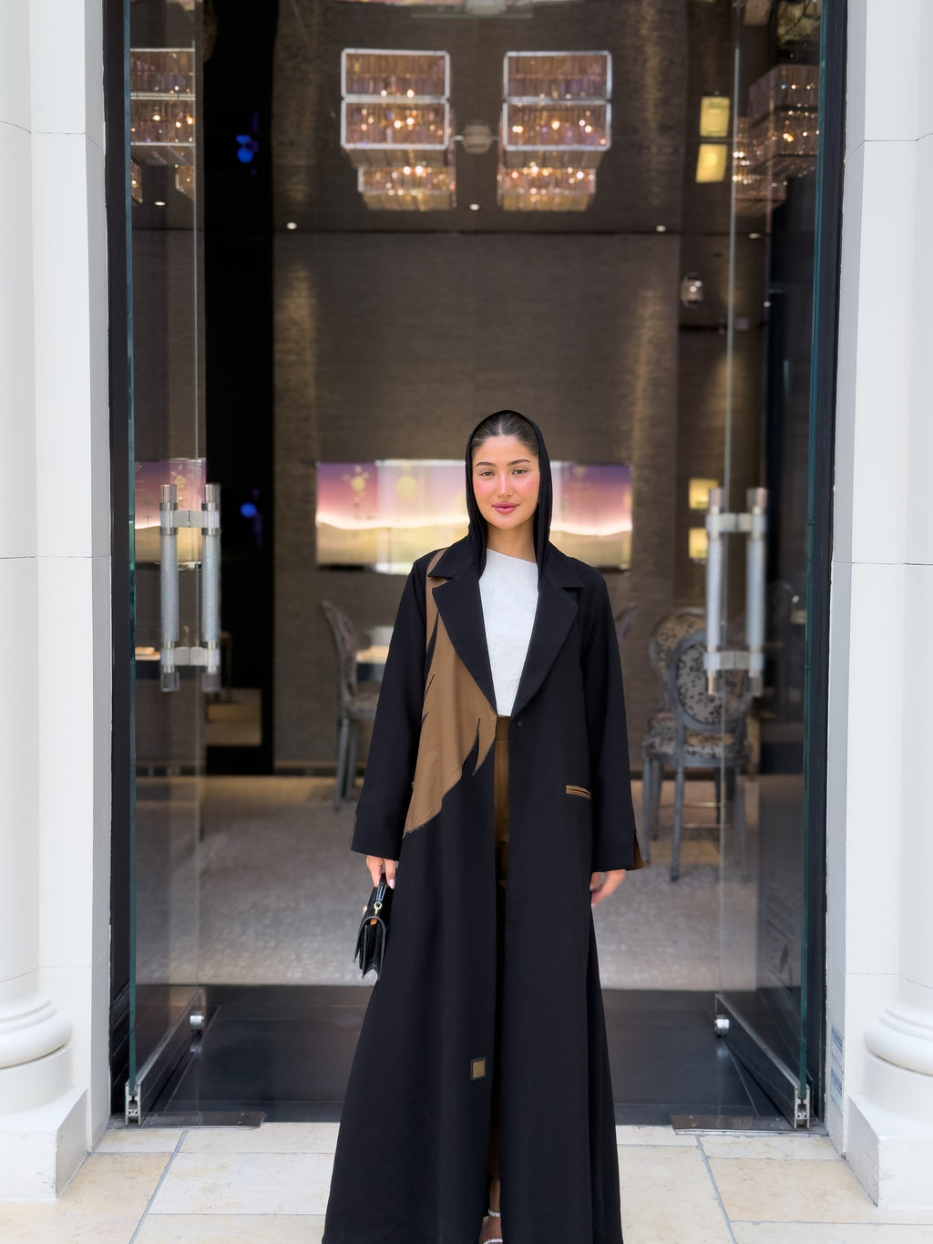 Black crepe blazer abaya with camel-colored details