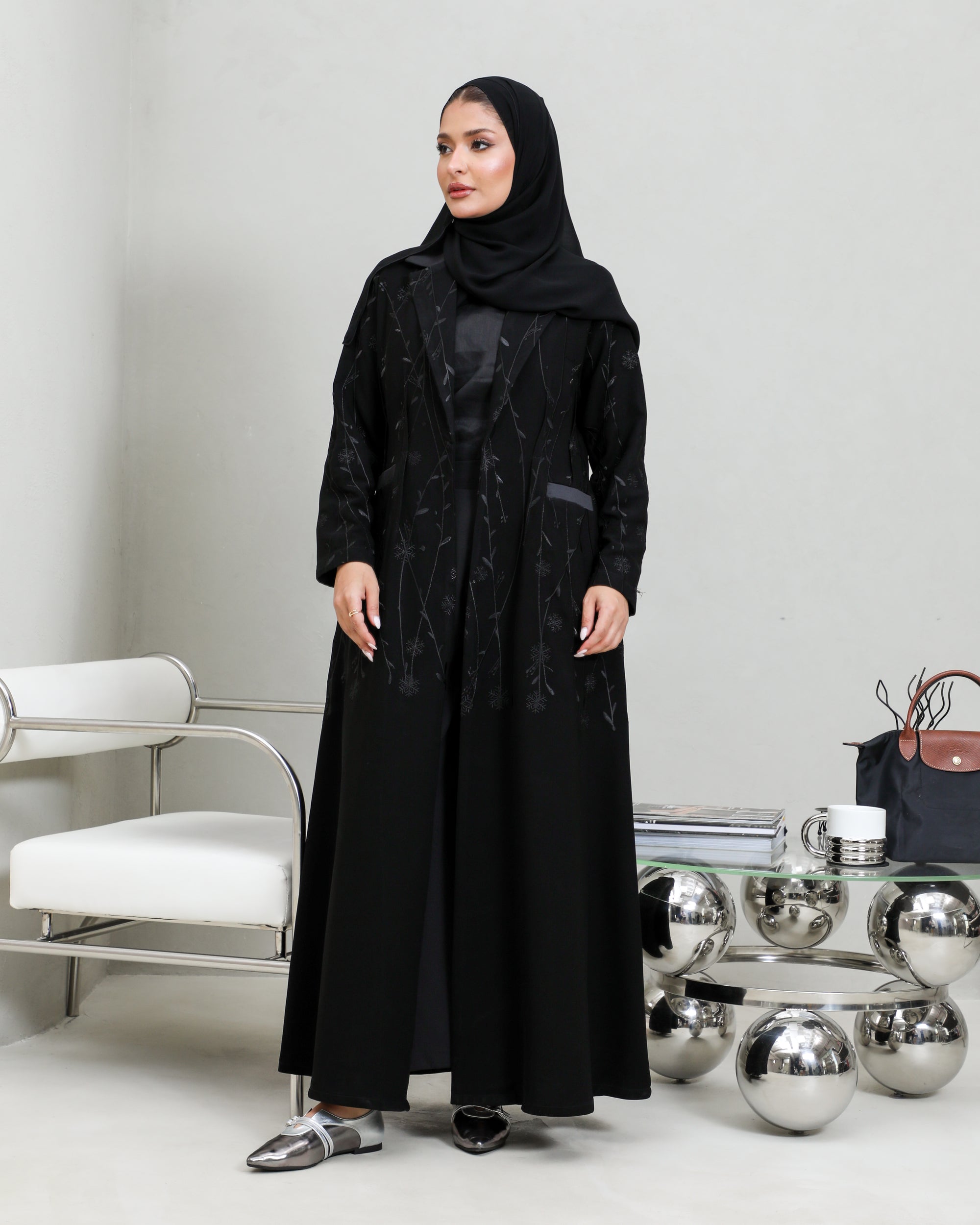 Black crepe blazer abaya with embroidery