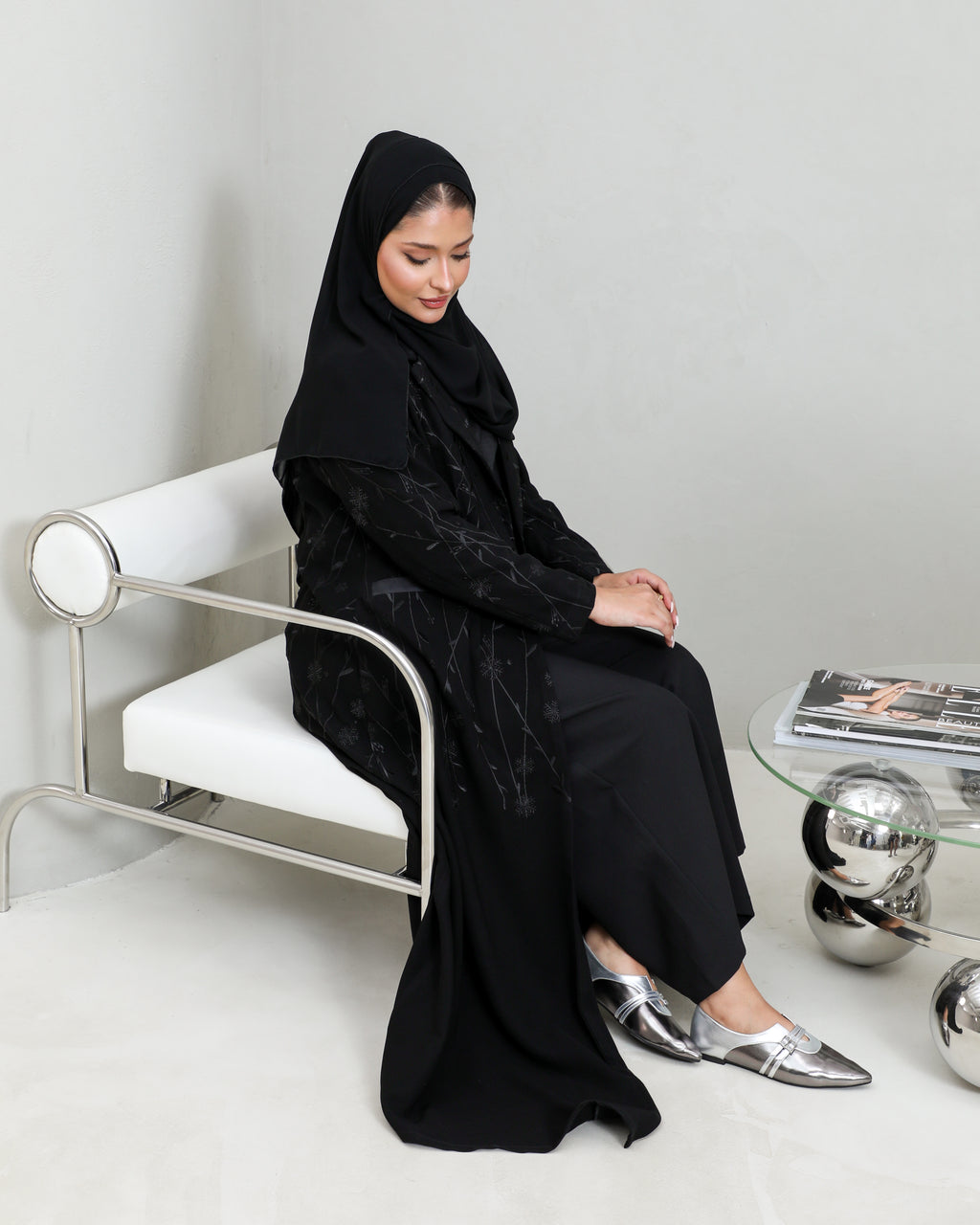Black crepe blazer abaya with embroidery