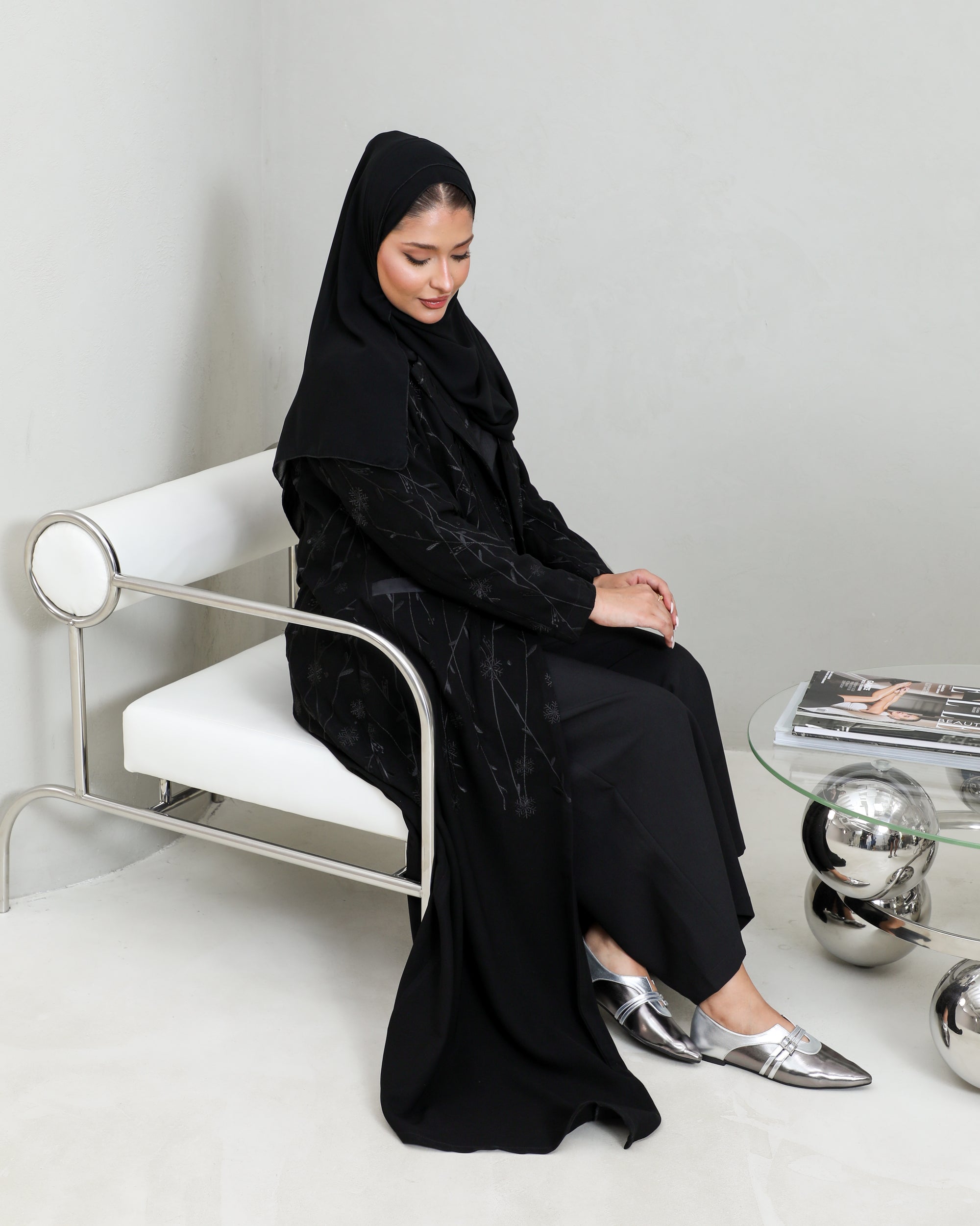 Black crepe blazer abaya with embroidery