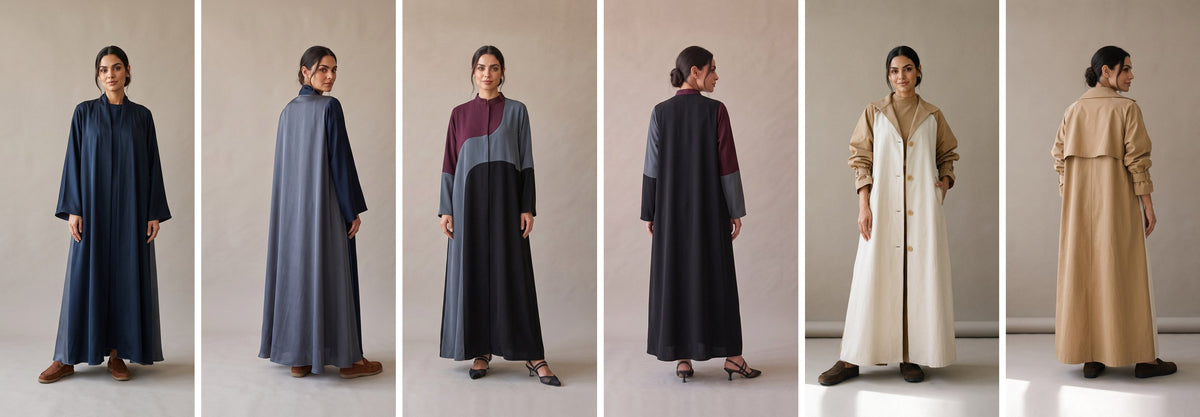 Three abayas of our own design, each shown from the front and the back: the Navy & Grey Silk Crepe Abaya, the Black Crepe Abaya with Burgundy and Grey Details, and the Beige & Light Beige Striped Trench Coat Abaya.