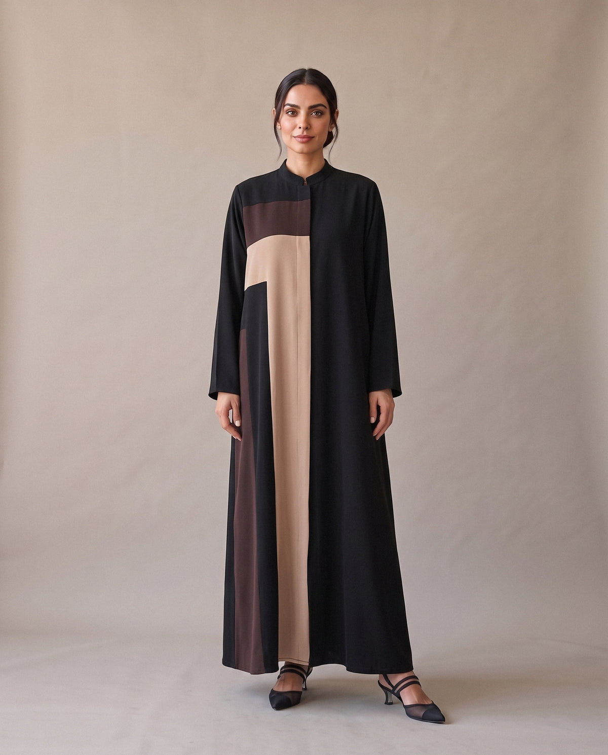 The Black Abaya with Brown & Beige Blocks from the front: a beige panel and a brown band on one side.
