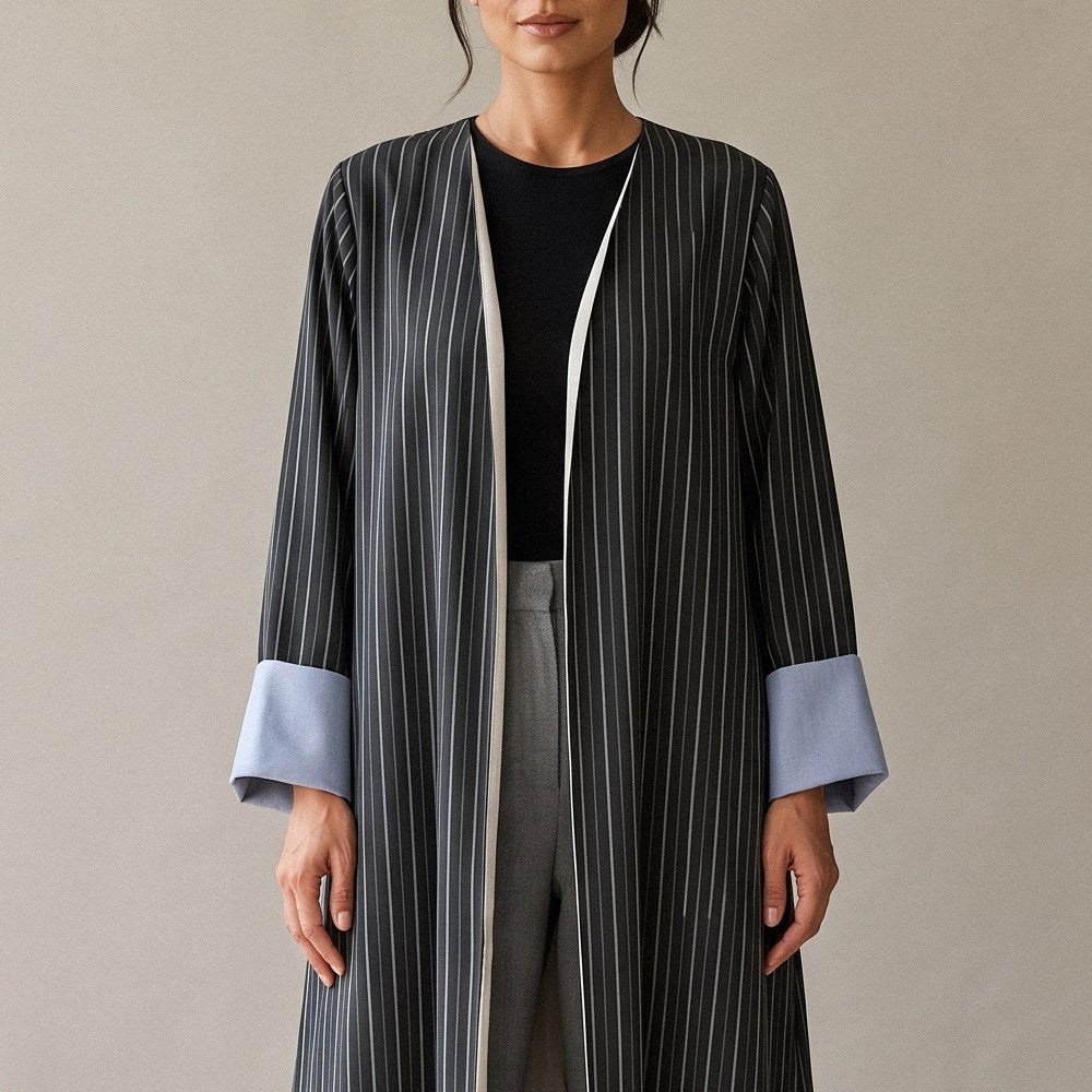 Close-up of the fine stripes on the Striped Silk Crepe Abaya.