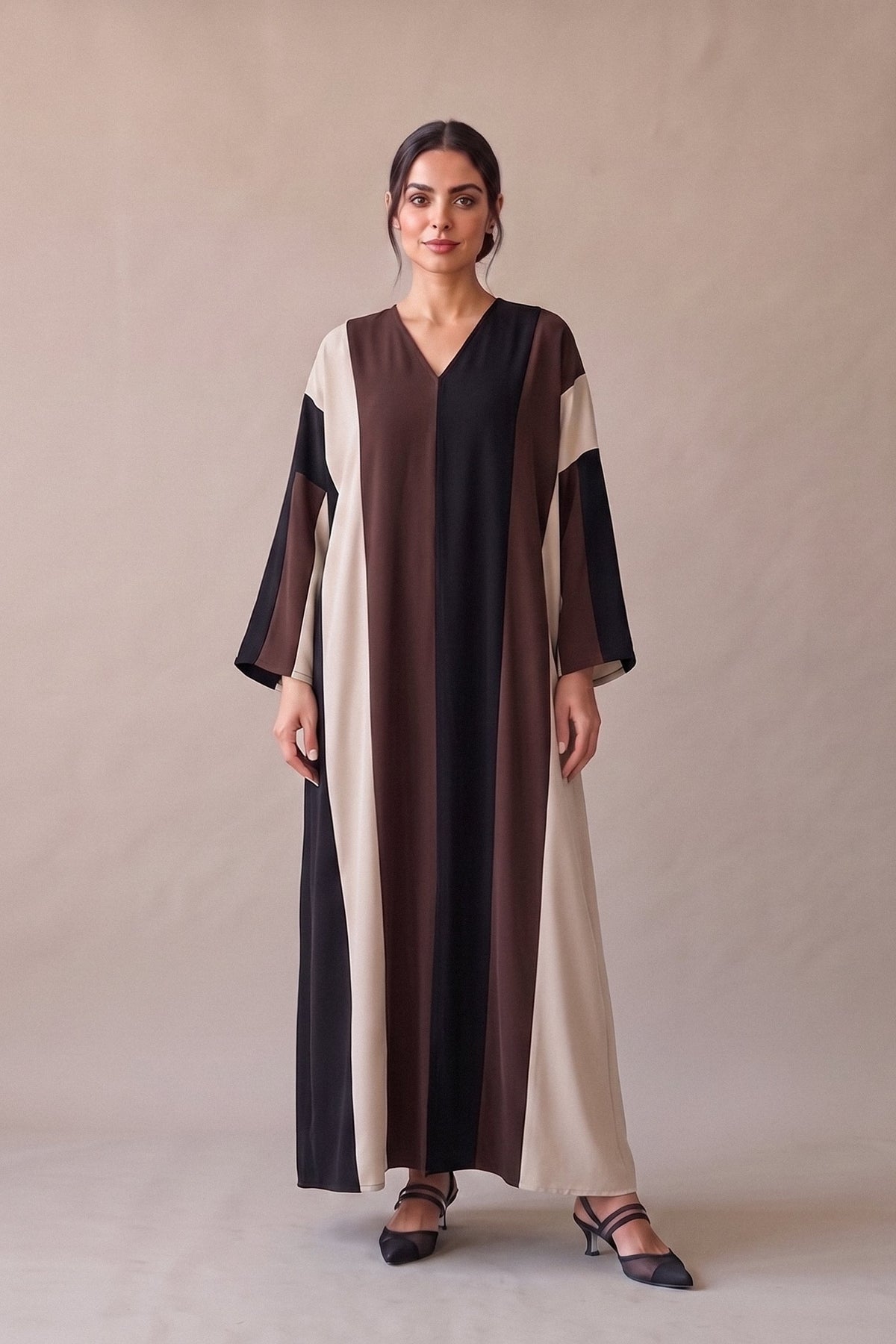 Crepe Abaya in Brown, Beige & Black –2073