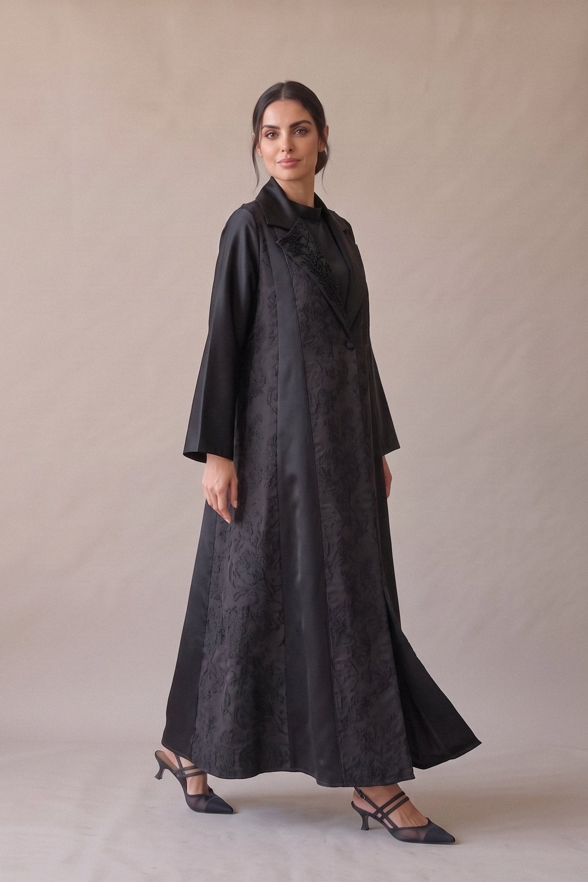 Black Printed Crepe Abaya with Plain Black Trim –2078