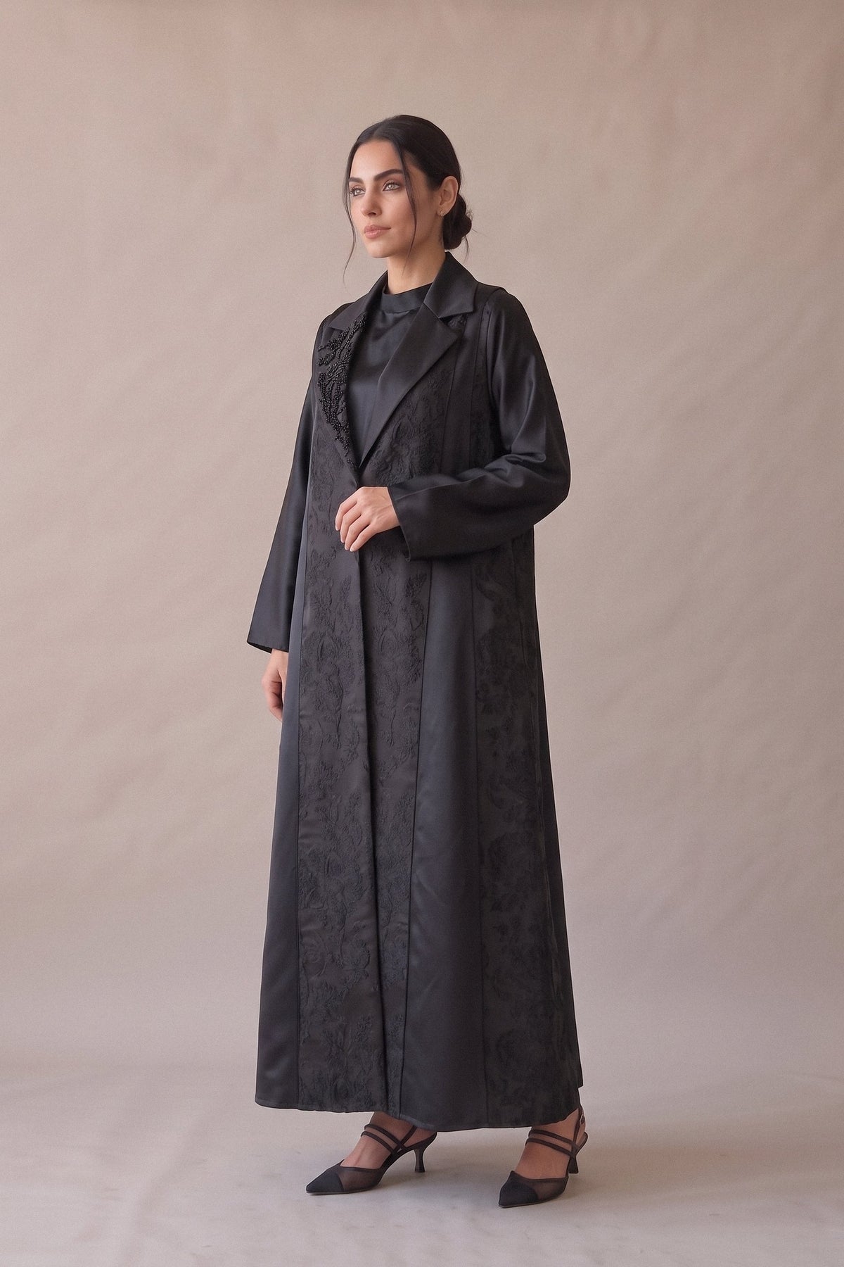 Black Printed Crepe Abaya with Plain Black Trim –2078