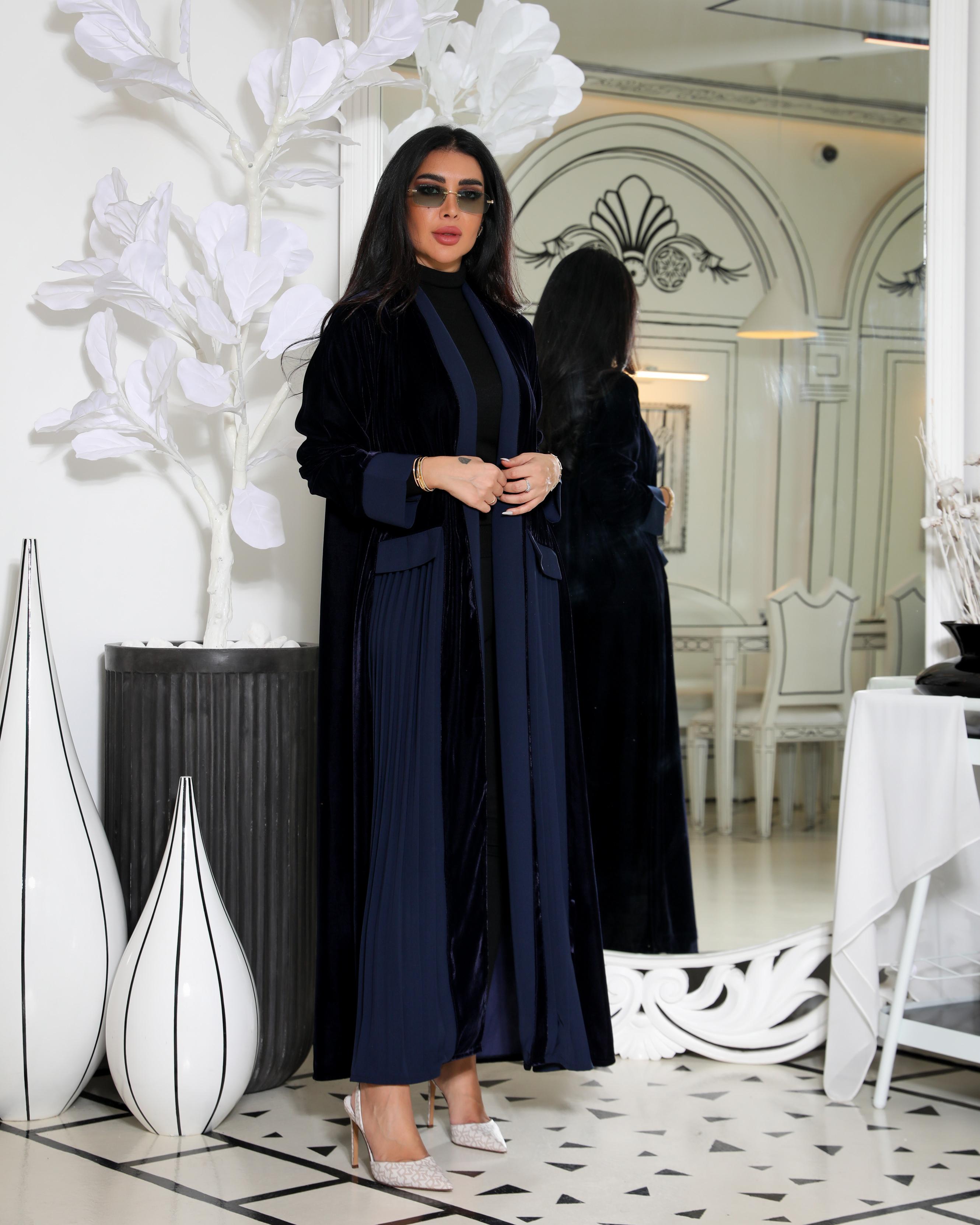 Navy and black velvet abaya  C:6359 DARK BLUE