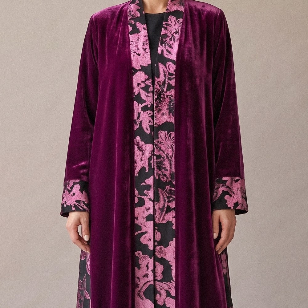 Close-up of the printed panel on the Purple & Black Velvet Abaya.