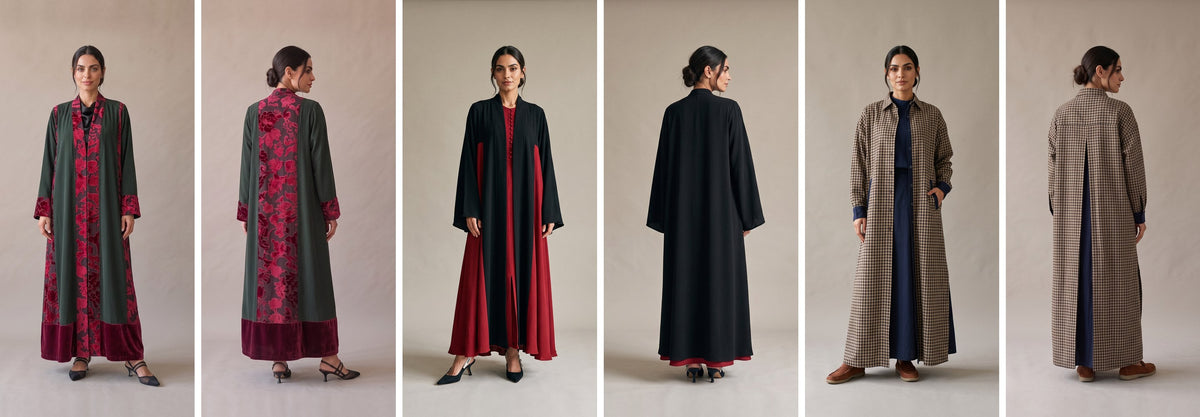 Three coloured abayas of our own design, each shown from the front and the back: green with crimson floral velvet panels, navy with a cherry panel, and a brown checked cotton coat abaya.