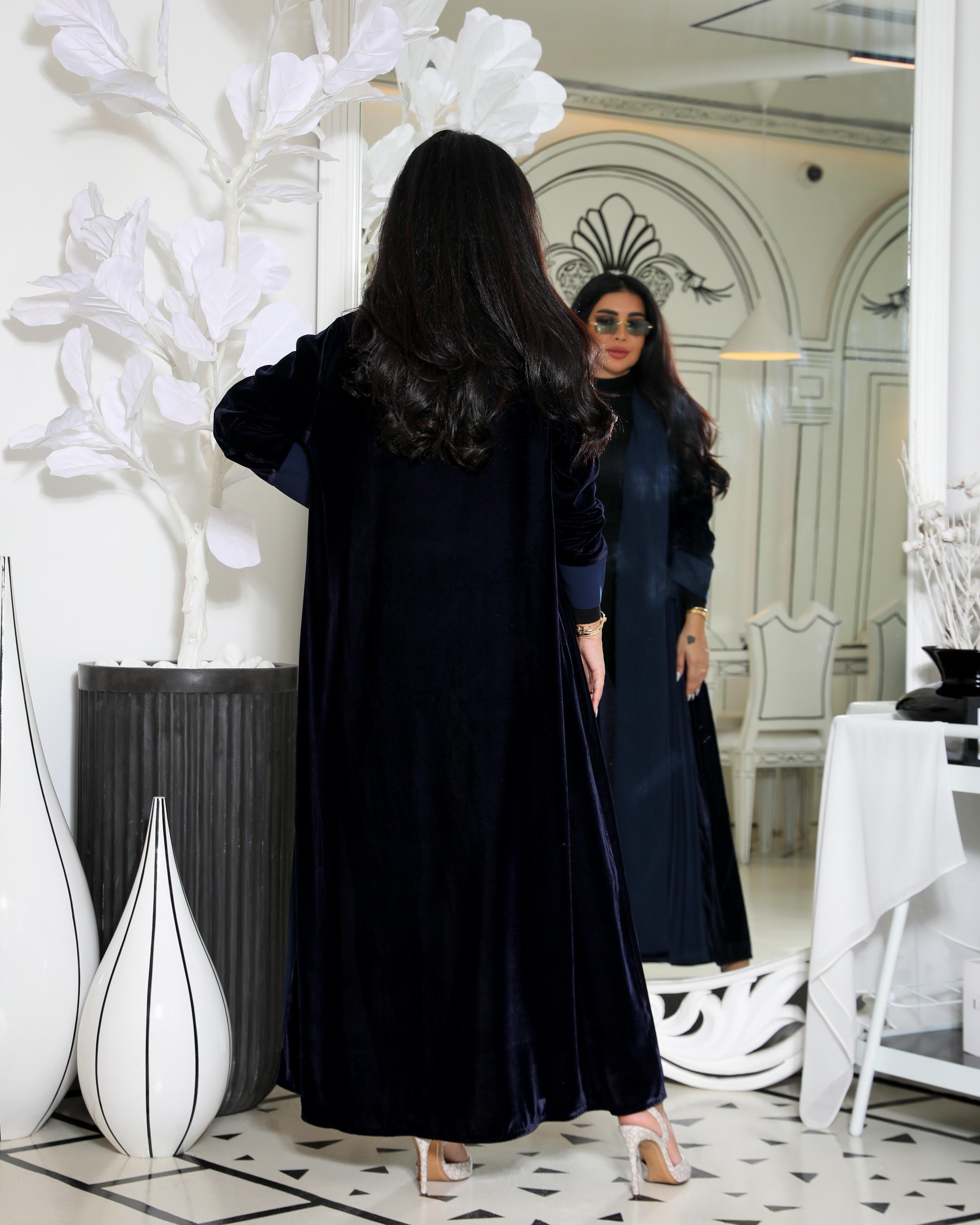 Navy and black velvet abaya  C:6359 DARK BLUE