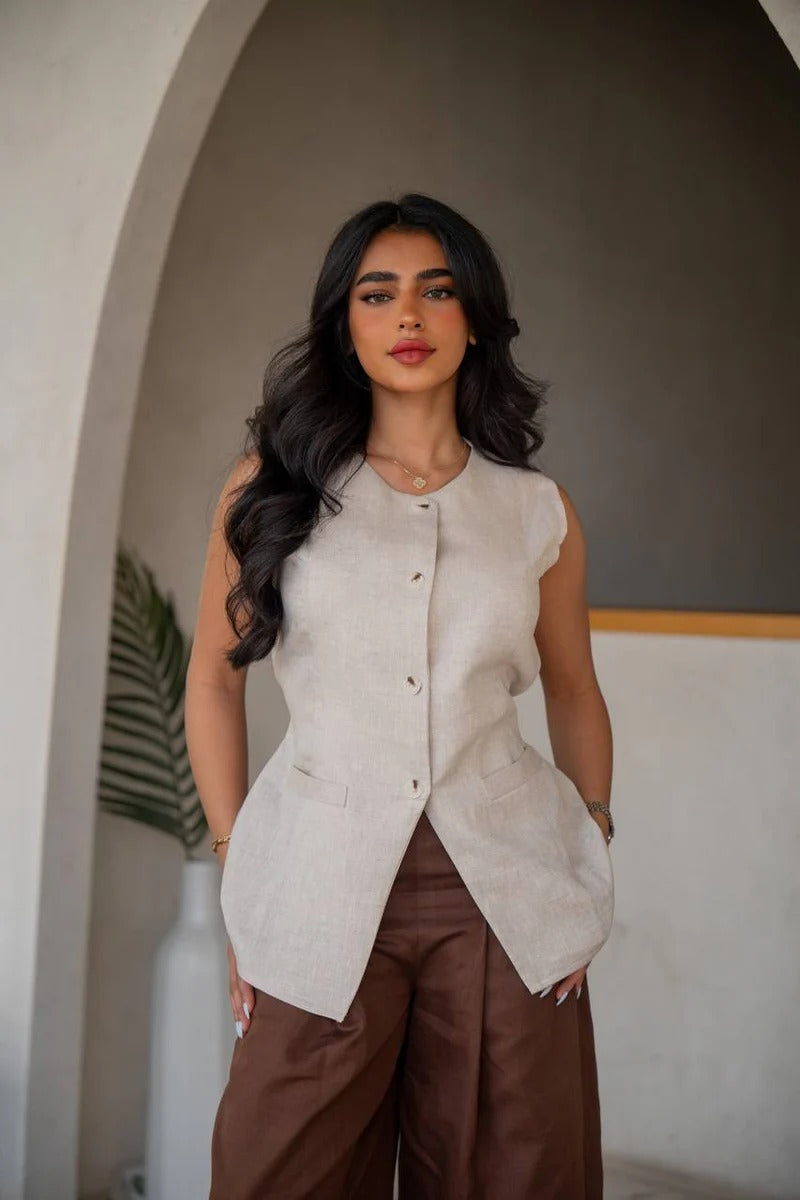 Set consisting of brown pants with a beige linen vest C:202 Biege-Brown