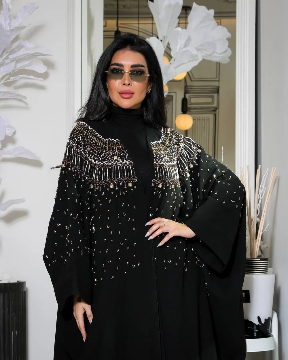 ABAYA BESHT CREPE WITH HANDMADE BEAT EMBROIDERY C:6361 (Free size)