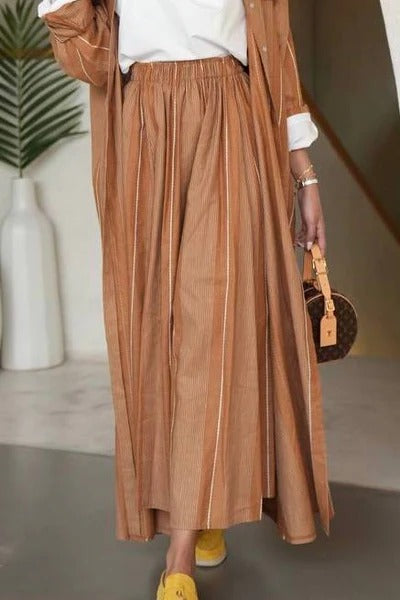 Beige Striped Camel Linen Skirt