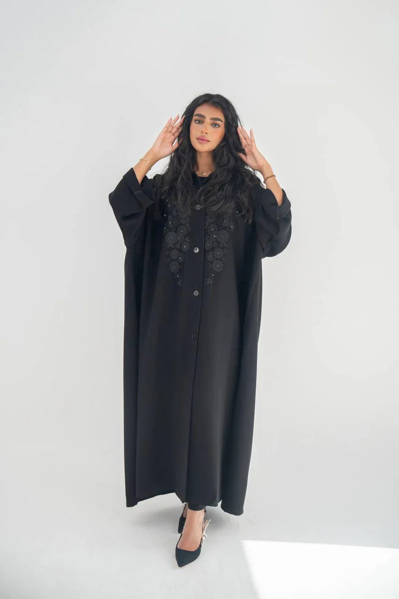 Black crepe abaya with hand embroidery and beading C:6650