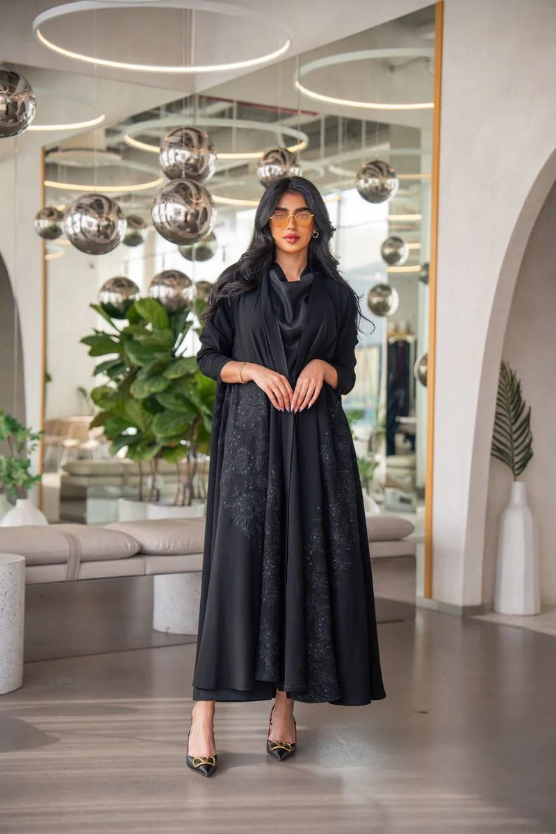 Black Cuban crepe abaya with embroidery C:6630 Black