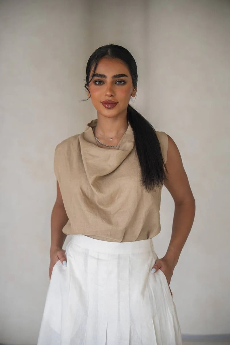 Beige linen blouse and black pants set C:150 Biege-black