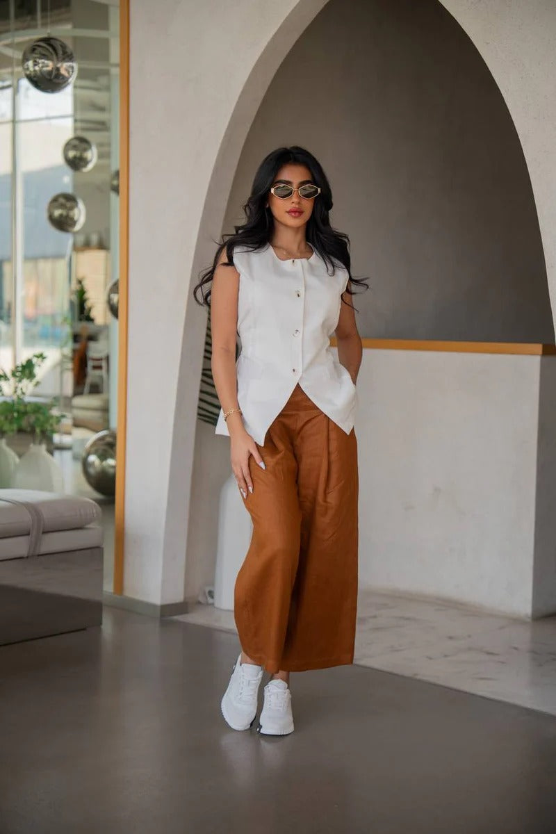 Linen pants and vest set, C:202 Biege-Camel