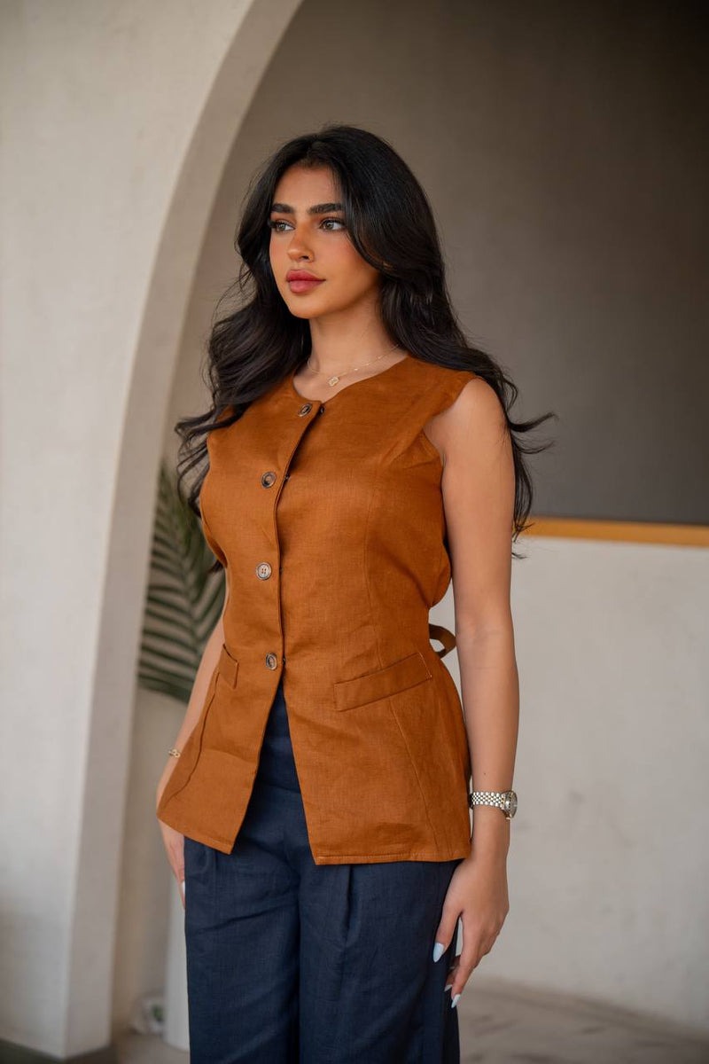 Navy blue pants and camel linen vest set, C:202 Camel-Black