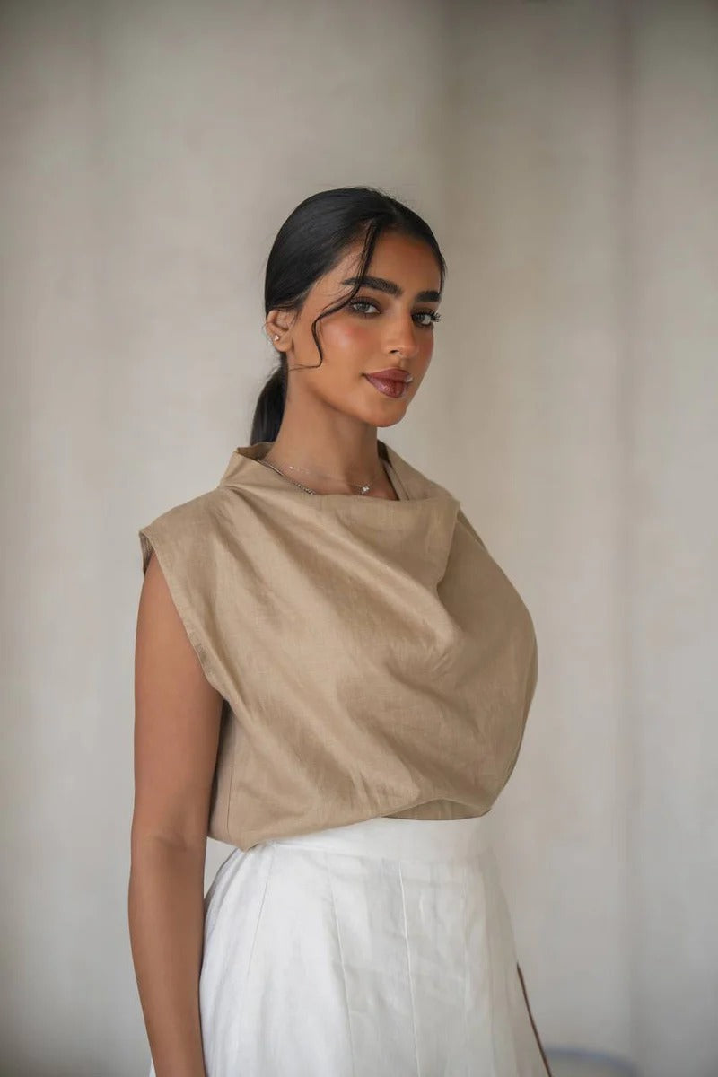 Beige blouse and white skirt set, made of linen C:203 Biege - white