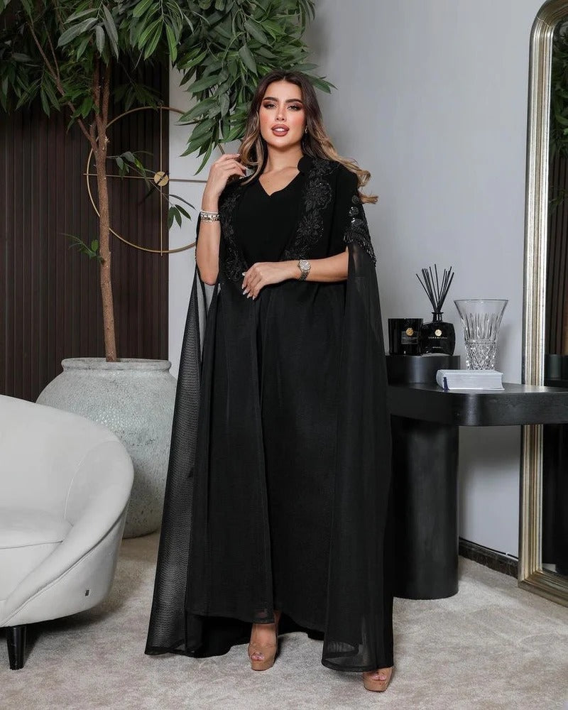 ABAYA CREPE WITH EMBROIDERY AND HANDMADE BEAT C:6327(Free size)