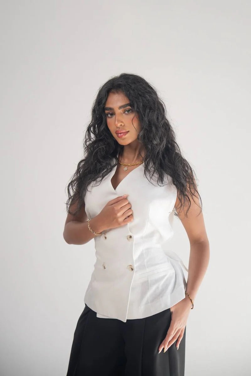 White linen vest set with black crepe pants C:206
