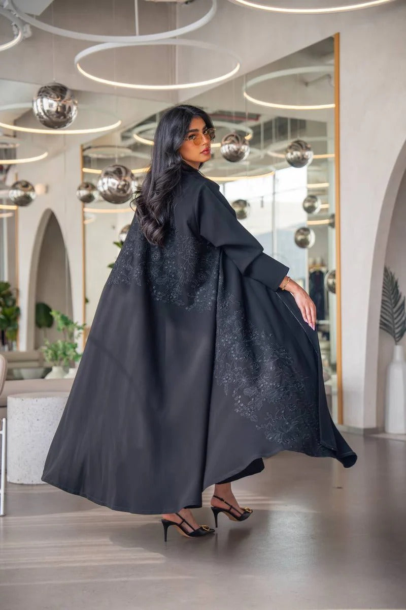 Black Cuban crepe abaya with embroidery C:6630 Black