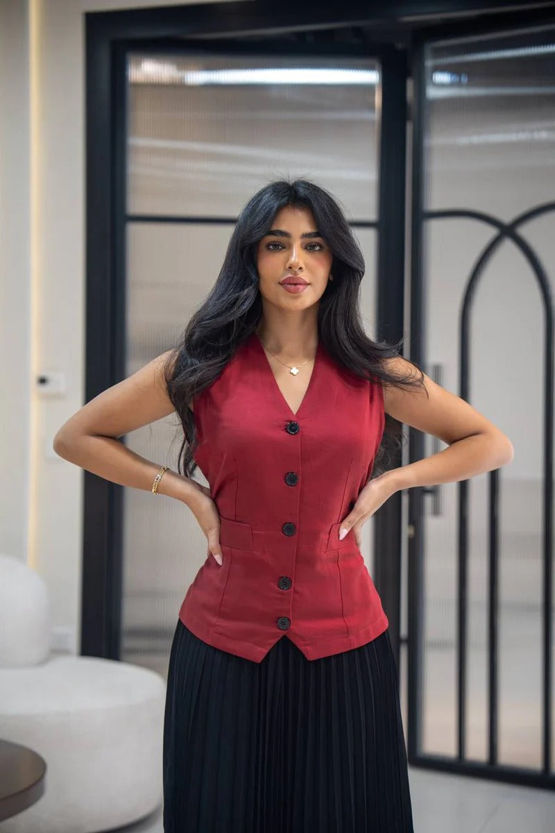 Linen dress with crepe C:152 Red-Black