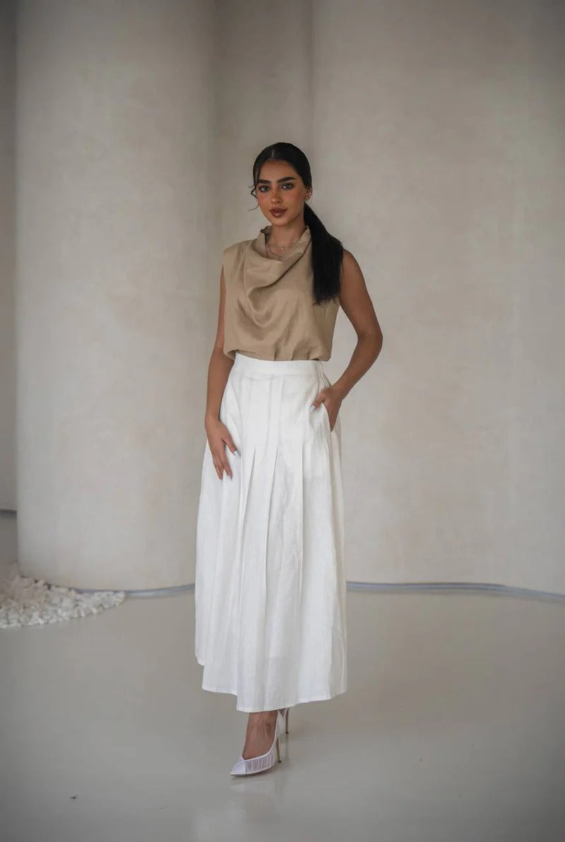 Beige linen blouse and black pants set C:150 Biege-black
