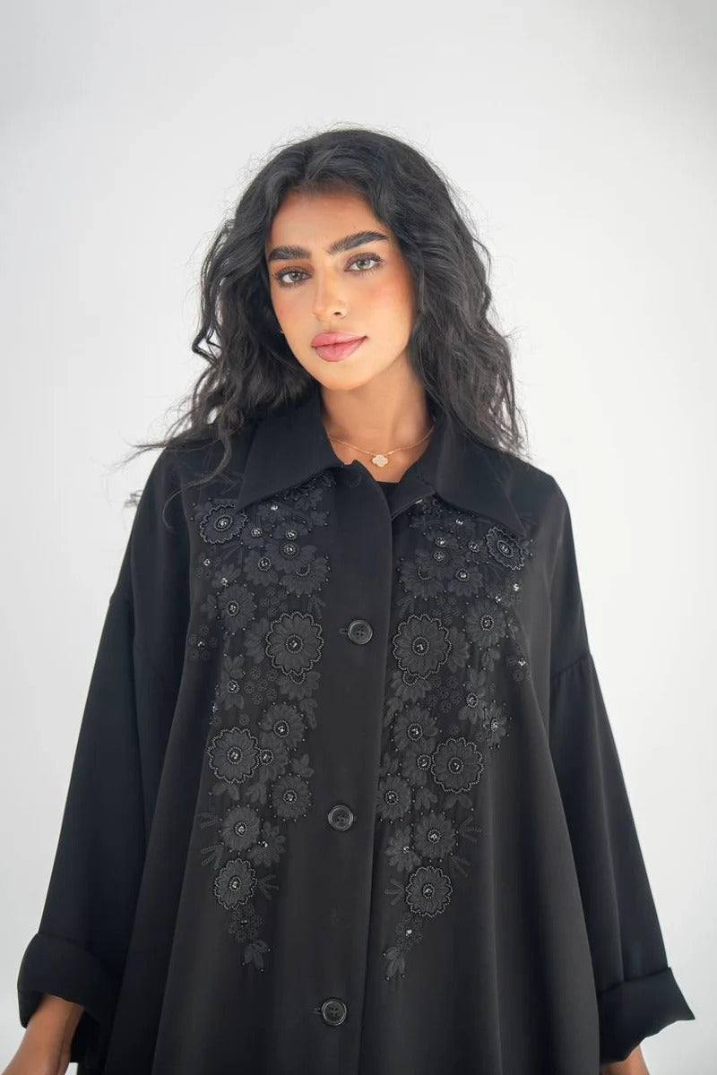 Black crepe abaya with hand embroidery and beading C:6650