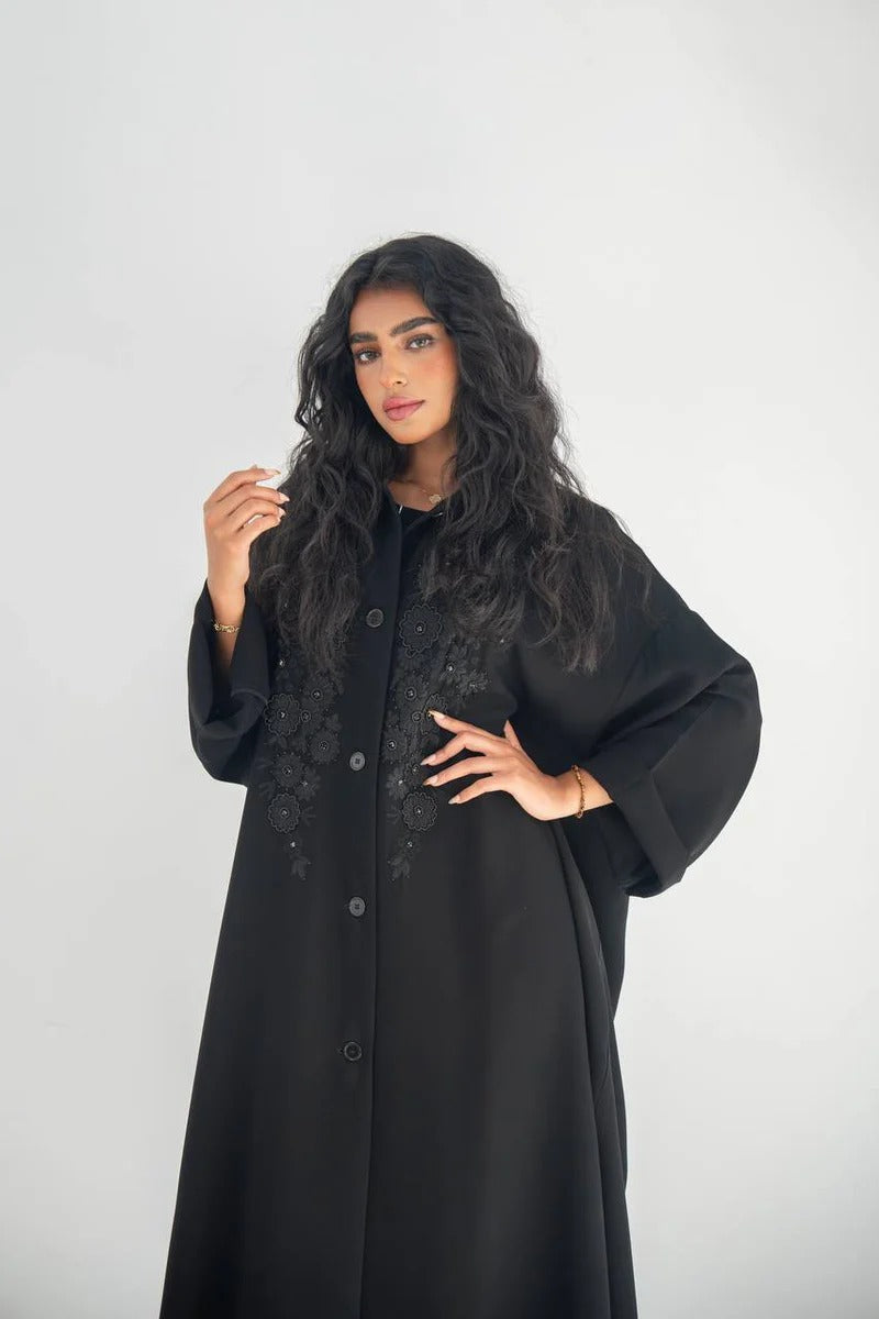 Black crepe abaya with hand embroidery and beading C:6650