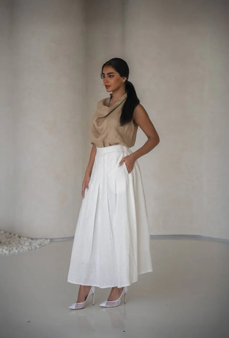 Beige blouse and white skirt set, made of linen C:203 Biege - white