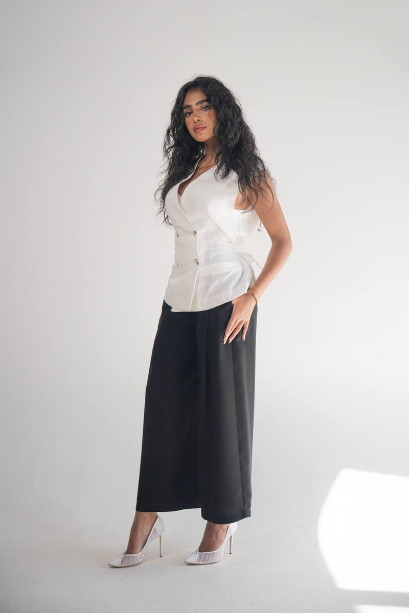 White linen vest set with black crepe pants C:206