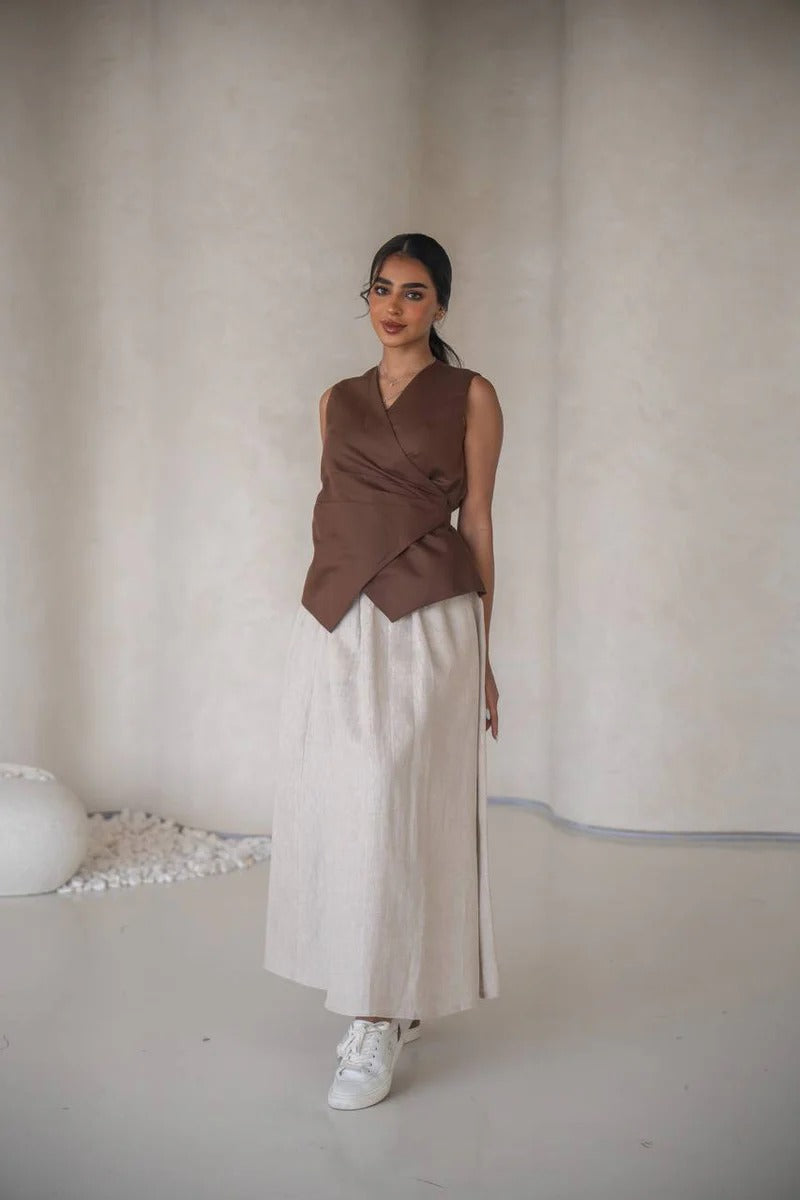 Linen blouse and skirt set C:205 Brown-Beige