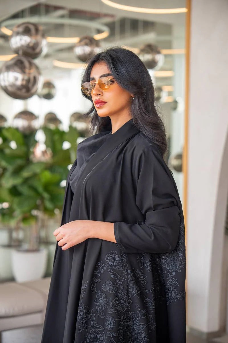 Black Cuban crepe abaya with embroidery C:6630 Black