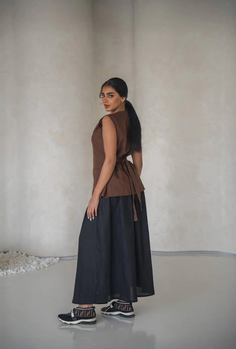 Brown vest set with black linen skirt C:204 Brown - black