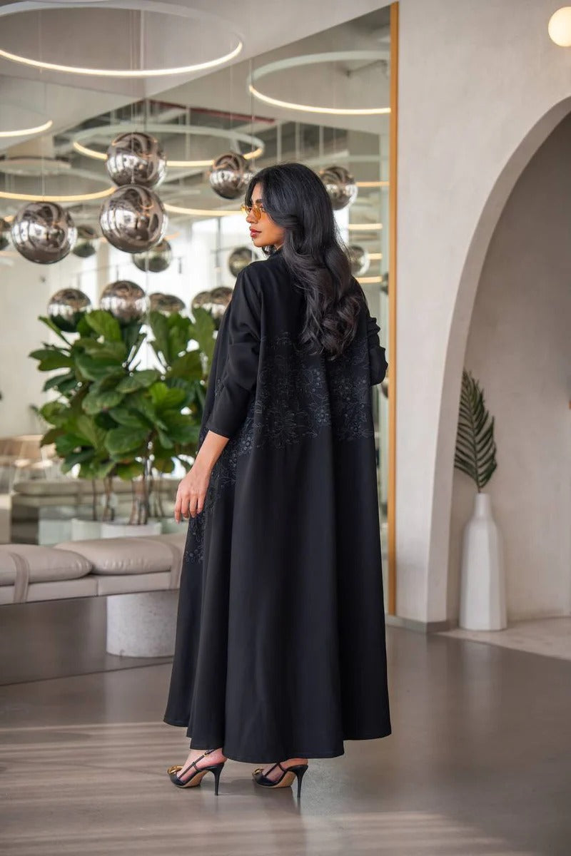 Black Cuban crepe abaya with embroidery C:6630 Black