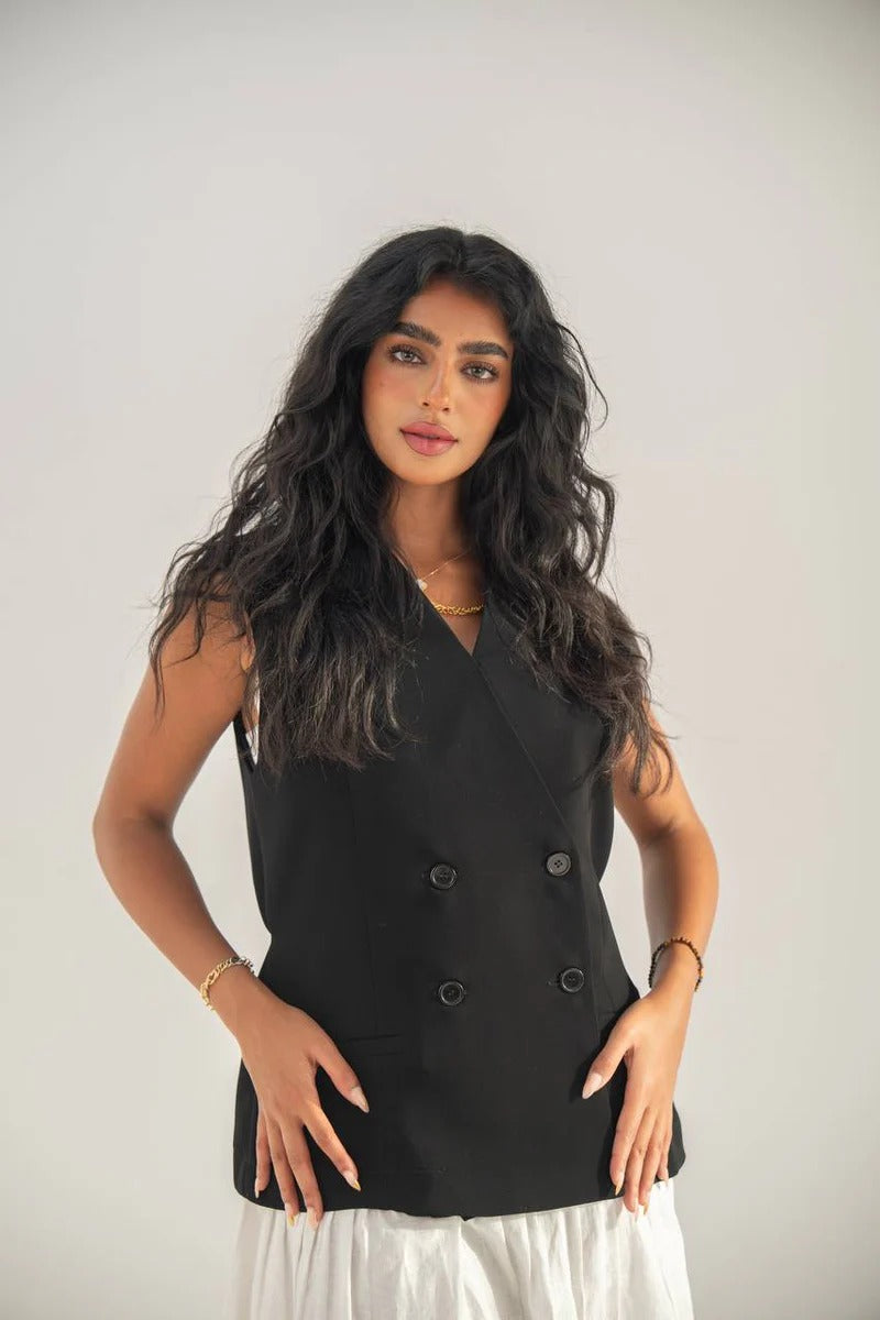 Black crepe vest with linen skirt C:208