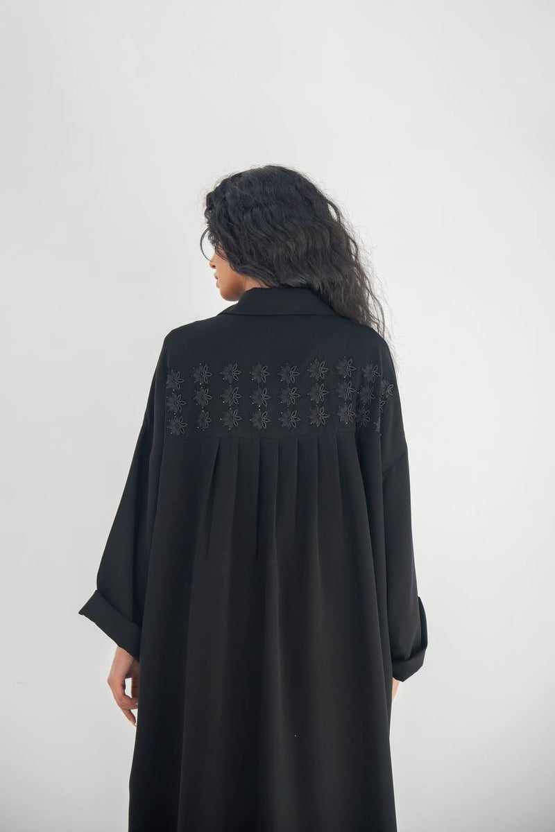 Black crepe abaya with hand embroidery and beading C:6650