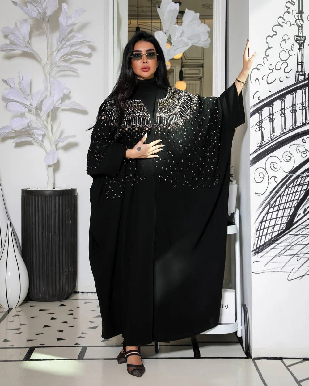 ABAYA BESHT CREPE WITH HANDMADE BEAT EMBROIDERY C:6361 (Free size)