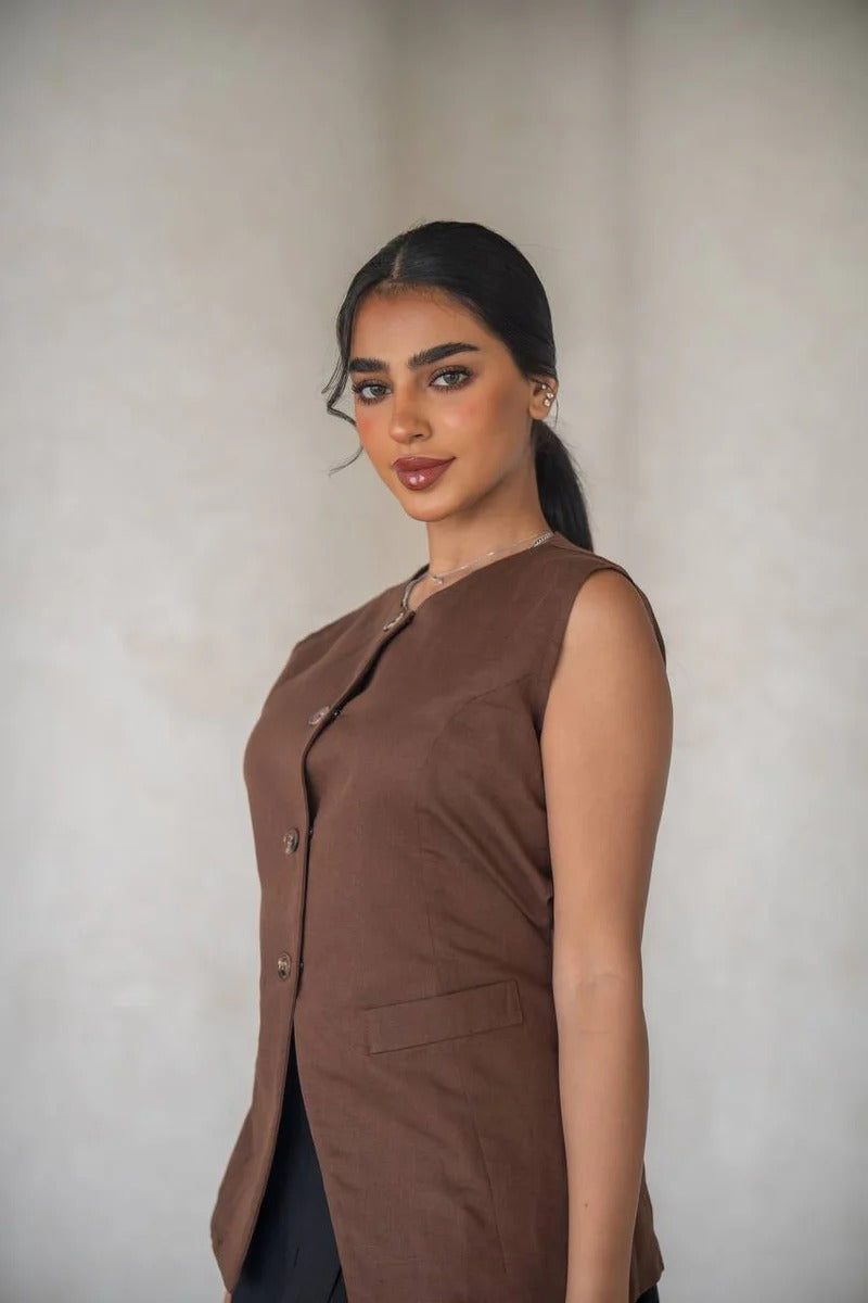 Brown vest set with black linen skirt C:204 Brown - black