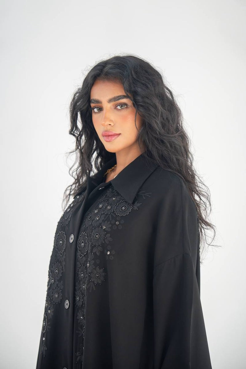 Black crepe abaya with hand embroidery and beading C:6650