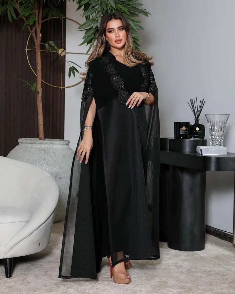 ABAYA CREPE WITH EMBROIDERY AND HANDMADE BEAT C:6327(Free size)