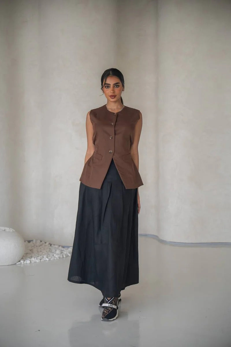 Brown vest set with black linen skirt C:204 Brown - black