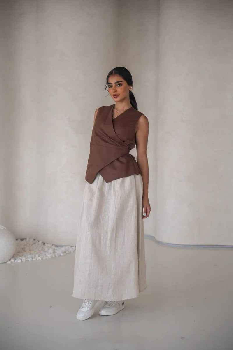 Linen blouse and skirt set C:205 Brown-Beige