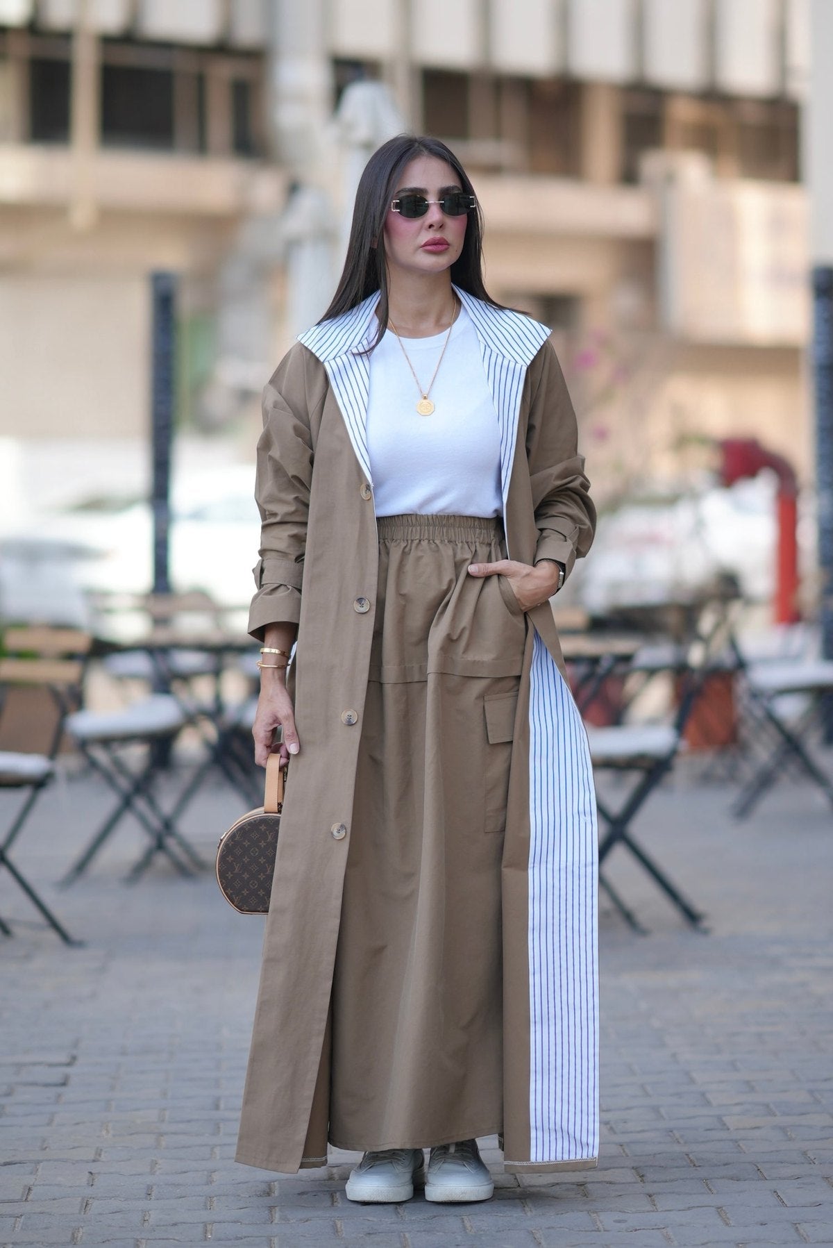 Beige Trench Coat with striped trim, free size