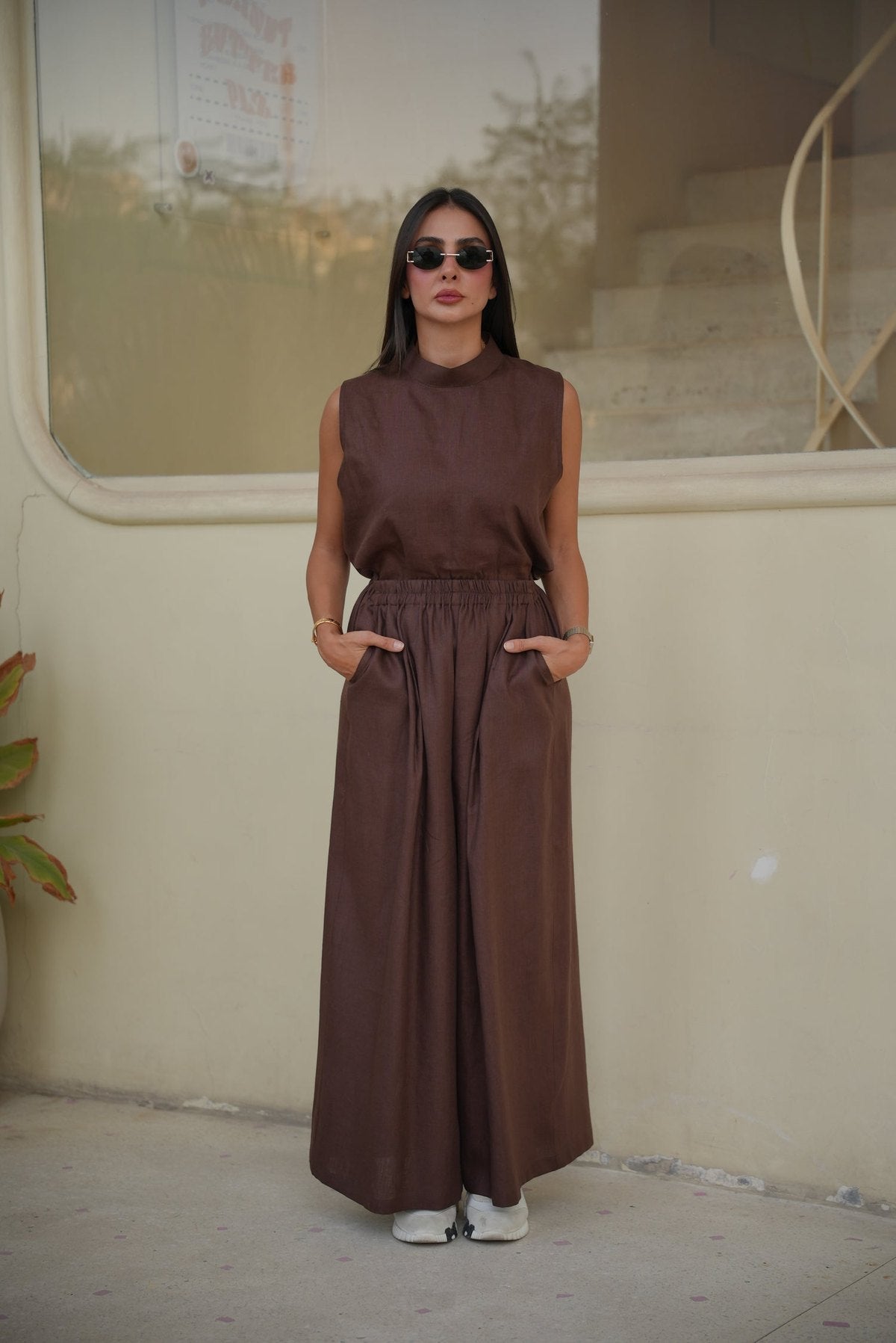 Brown linen blouse and pants set