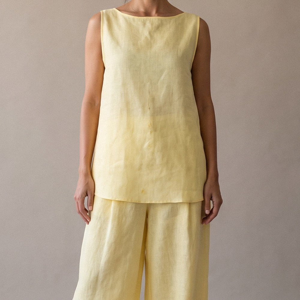 Close-up of the Yellow Linen Blouse & Pants Set.
