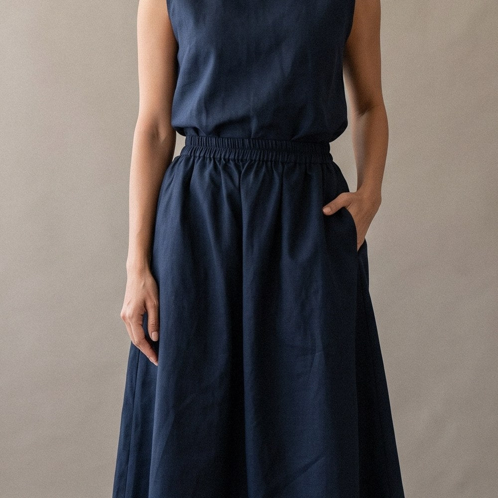 Close-up of the Navy Linen Blouse & Skirt Set.
