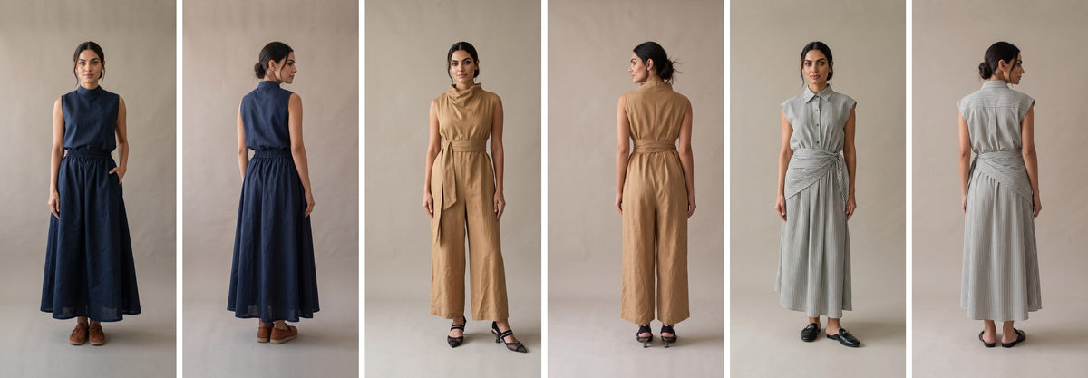 Three inner sets of our own design, each shown from the front and the back: the Navy Linen Blouse & Skirt Set, the Beige Linen Jumpsuit and the Grey Striped Dress.